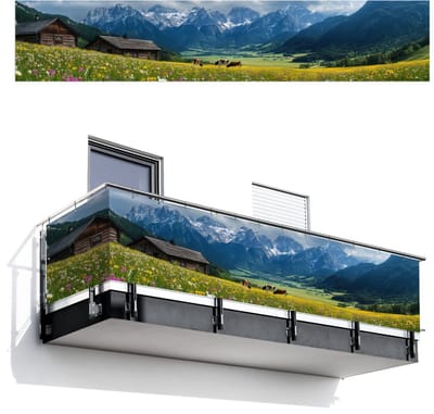 Balkonscherm 500x100 cm - Balkonposter Alpen - Weide - Bergen - Koeien - Balkon scherm decoratie - Balkonschermen - Balkondoek zonnescherm