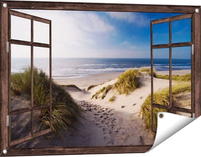 Gards Tuinposter Doorkijk Strand en Duinen - 90x60 cm - Tuindoek - Tuindecoratie - Wanddecoratie buiten - Tuinschilderij