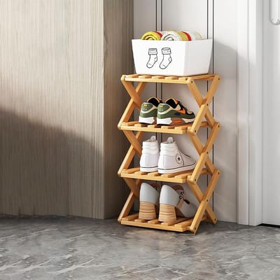 Vouwbare schoenenopslagstandaard van bamboe voor entree, kast, slaapkamer en gang - Natuurlijke, multifunctionele 4-laagse plank voor schoenenorganisatie en ruimtebesparing