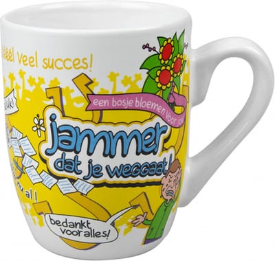 Mok - Snoep - Jammer dat je weggaat - Afscheid - Cartoon - In cadeauverpakking met gekleurd krullint