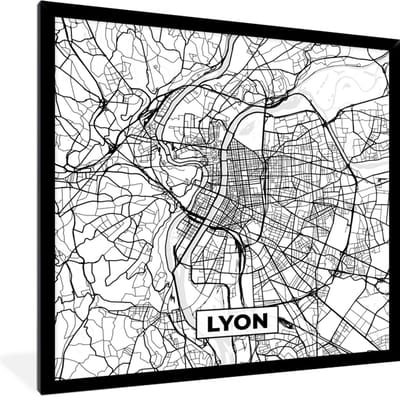Fotolijst incl. Poster Zwart Wit- Lyon - Stadskaart - Frankrijk - Kaart - Plattegrond - Zwart wit - 40x40 cm - Posterlijst
