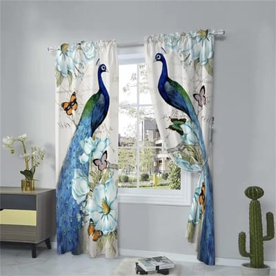 Retro Luxe Pauw serie Elegant Blauw Goud 2 Stuks Lichtfilterend Gordijn voor Woonkamer Slaapkamer Thuis Raam Drap Decor 75W60H(CM) 2PCS