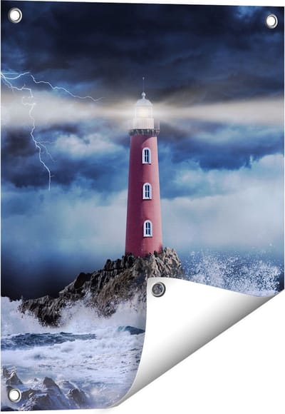 Gards Tuinposter Vuurtoren op een Storm Zee met Golfen Water - 40x50 cm - Tuindoek - Tuindecoratie - Wanddecoratie buiten - Tuinschilderij