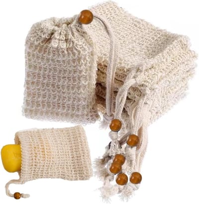 Duurzame Waszakken van Jute, Set van 6, Beige met Houten Kralen, Ideaal voor Milieuvriendelijk Wassen en Zeepgebruik, 14 cm x 9 cm