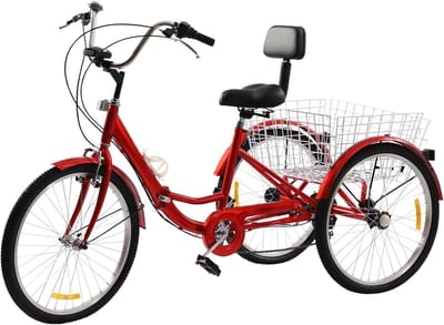 Driewieler voor volwassenen - Seniorenfiets driewieler - Boodschappen doen - Opvouwbaar koolstofstaal frame - 24 inch - Rood
