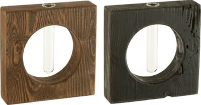 J-Line vaas 1 Bloem - hout/glas - bruin/zwart - 2 stuks - 20 x 20.5 cm
