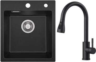 SOFETIY MAX Granieten spoelbakken 40*45cm - Spoelbak Keuken Met Keukenkraan met Uittrekbare uitloop - Gootsteen Met Waterafvoersysteem - Wasbak Keuken - Zwart