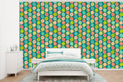 Behang - Fotobehang Patroon - Bloemen - Retro - Jaren 70 - Breedte 345 cm x hoogte 220 cm