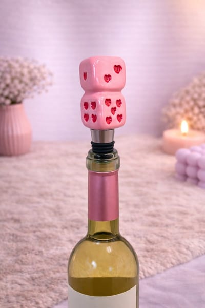 Wijnstopper ‘Love Dice’ – Sluit af met een knipoog | Viva Femme | Wijnstop | Decoratie | Cadeau | Wonen | Vrolijk | Dobbelsteen | Roze / Rood | Hartjes | Liefde | Moederdag
