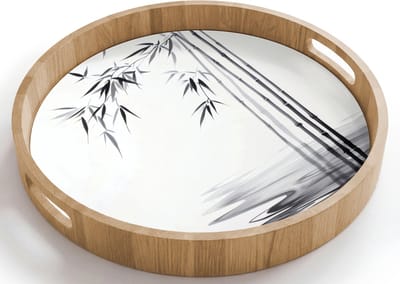 Dienblad rond 40x40 cm - Schootdienblad hout - Bamboestammen - Water - Minimalistisch - Wit - Borrelplank rechthoek - Plateau houten dienbladen