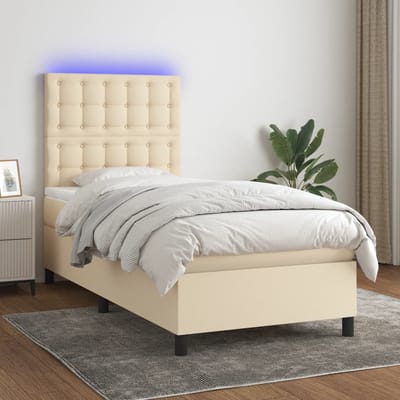 vidaXL - Boxspring - met - matras - en - LED - stof - crèmekleurig - 90x190 - cm