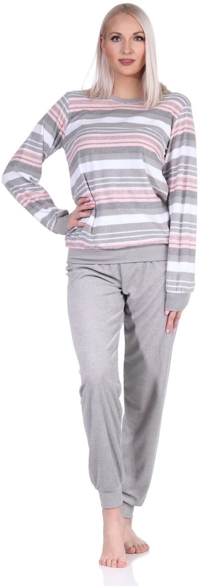 Elegante damespyjama in badstof met lange mouwen en manchetten in streepjeslook - 212 840