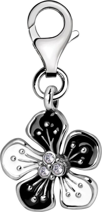 Quiges – Charm – Hanger - Bloem Zwart/Wit - Verzilverd - karabijnslot - geschikt - voor - Bedelarmband - QHC114