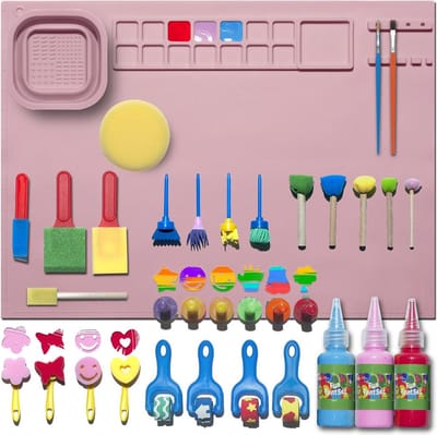 Tekenmat Art Station met 30 Brush en Stempels Accessoires en 3 wasbare vingerverf - Verfmat - Roze - Knutselen meisjes - Verfplacemat - Verven - Kinderen - Art Set - Creativiteitsdoos voor kinderen - Knutselen - Hobbypakket - Verfmat - Siliconen