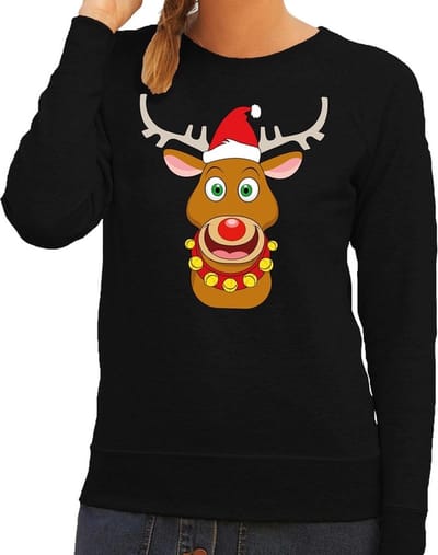 Bellatio Decorations Foute kersttrui - sweater - Rudolf het rendier met rode kerstmuts - zwart - dames - Kersttruien XS