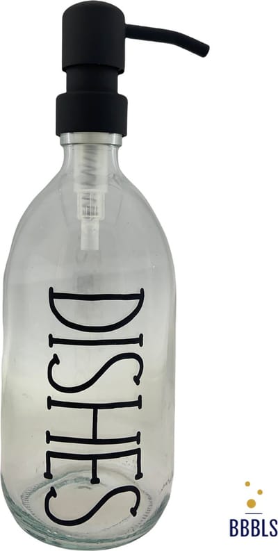 BBBLS® Design Dispenser "Dishes" | Transparant Kunststof | 500ml | RVS / Metaal Pomp Zwart | Zeeppomp | Zeepdispenser | Zeephouder