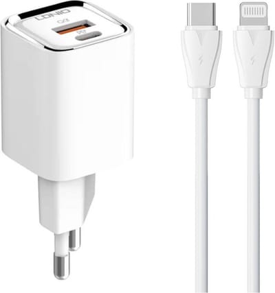 LDNIO 2in1 Oplader USB-C en USB-A - USB-C naar Lightning kabel - 30W - Snellader - Wit