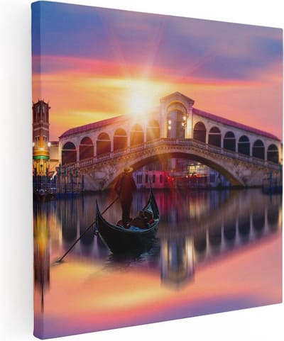 Artaza Canvas Schilderij Rialtobrug - 30x30 cm - Klein - Wanddecoratie Venetië - Muurdecoratie Zonsondergang - Kamer Accessoires Italië