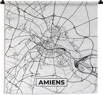 Wandkleed - Wanddoek - Amiens - Kaart - Plattegrond - Frankrijk - Stadskaart - Zwart wit - 180x180 cm - Wandtapijt