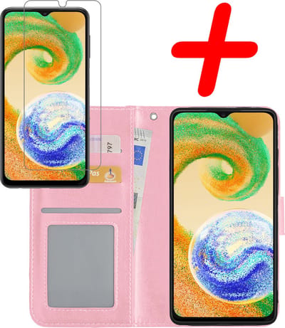 Hoesje Met Screenprotector - Geschikt voor Samsung Galaxy A04s - Luxe Pasjeshouder - Bookcase Portemonee - Flip Case - Kunstleer Book Case - Flipcase - Book Cover - Walletcase - Portemonneehoes - Lichtroze