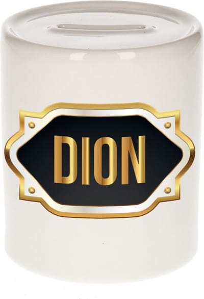 Spaarpot met voornaam Dion - wit - met goud/zwart embleem - 8 x 9 cm - keramiek - met afsluitdop - cadeau verjaardag
