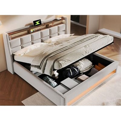 ModernLuxe Linnenopbergbed 140x200cm met LED- en USB-poorten - lattenbodem - beige