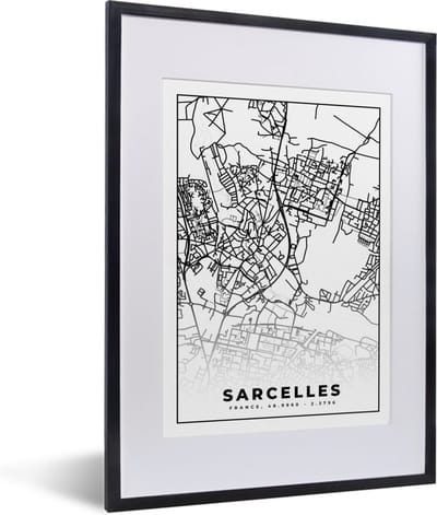 Fotolijst incl. Poster Zwart Wit- Kaart - Sarcelles - Frankrijk - Stadskaart - Plattegrond - Zwart wit - 30x40 cm - Posterlijst