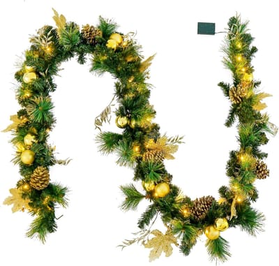 COSTWAY Kerstslinger met verlichting, 270 cm, 50 leds, warmwit, kunstmatige dennenslinger met dennenappels en gouden ballen, deur, open haard, trap, binnen en buiten, verlichte kerstdecoratie, groen