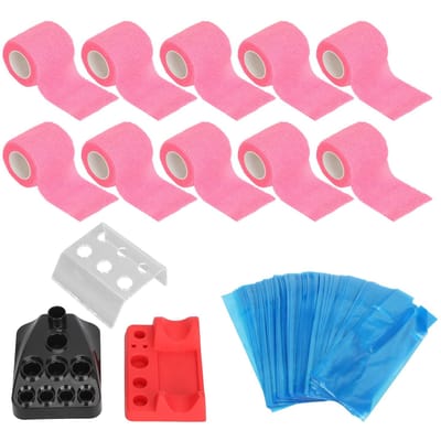 10 stuks Tattoo Pen Elastisch Verband 200 stuks Blauwe Tattoo Machine Pen Covers 3 stuks Tattoo Inktbeker Houder roze