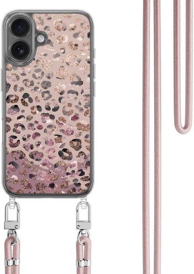 Casimoda® hoesje met Rosegoud koord - Geschikt voor iPhone 17 - Rosé Leopard - Afneembaar koord - TPU/polycarbonaat - Multi