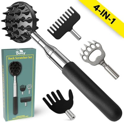 Boncy® Rugkrabber Uitschuifbaar - Ruggenkrabber 4-Koppige Set met Opzetstukken - Rugmassage - Kunststof Rug Krabber Handje - Telescopische Ruggen Massage Hoofdkrabber