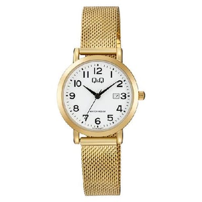 Q&Q-dameshorloge-goudkleurig-Milanese band-verstelbare band-datum-3 atm waterdicht-diameter 31 mm-duidelijke wijzerplaat