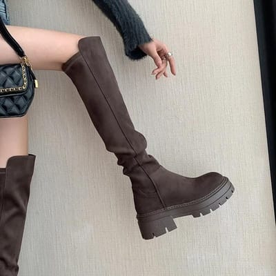 Dames Flats Schoenen Platform Geplooide Chelsea Over de Knie Laarzen Winter Trend Nieuwe Gladiator Suède Laarzen Goth Hoge Sok Botas 35 bruin