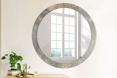 Wallfluent Bedrukte Ronde Spiegel - Ronde Wandspiegel Decoratieve Print Vintage Beton - 90 cm / 76 cm - Grijs - Grijs Ronde Spiegel Met Bedrukte Lijst - Inloopkastspiegel - Badkamerspiegel - Toiletspiegel - Eenvoudige montage