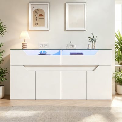 MODFU - Dressoir - 2 Laden En Opbergruimte - Modern - Voor Eetkamer Of Woonkamer - MDF En Gehard Glas - Wit - 140 X 40 X 70 Cm