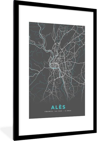Fotolijst incl. Poster - Alès - Plattegrond - Kaart - Stadskaart - Frankrijk - 80x120 cm - Posterlijst