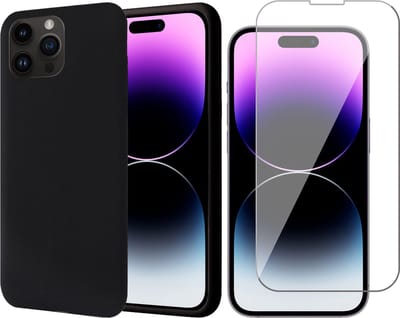 Hoesje geschikt voor iPhone 14 Pro - Screen Protector GlassGuard - Back Cover Case SoftTouch Zwart & Screenprotector
