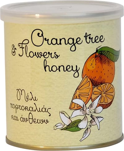 Melissokomiki Dodecanesse Orange Honey 250g – Luxe Sinaasappelhoning in Stijlvol Blik voor Een Unieke Smaakervaring