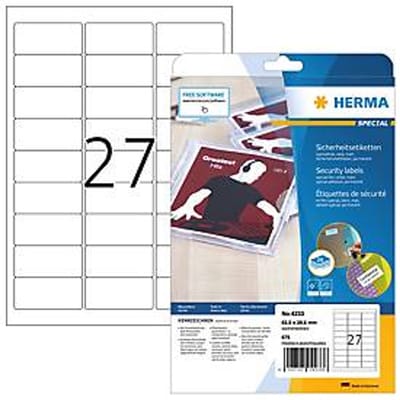 Herma veiligheidsetiketten 4233, fraudebestendig, extreem robuust, zelfklevend, B 29,6 x 63,5 mm, 675 stuks/25 A4-vellen, speciale folie, wit