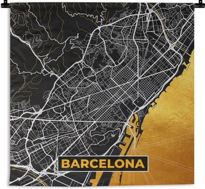 Wandkleed - Wanddoek - Barcelona - Stadskaart - Plattegrond - Kaart - Goud - 180x180 cm - Wandtapijt