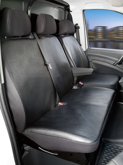 Walser Autostoelhoes Transporter Fit Kunstleer antraciet geschikt voor Mercedes-Benz Viano/Vito - 1 enkele zitplaats voorin (uitsparing armleuning) & - dubbele zitbank voorin