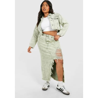 boohoo Dames Plus Washed Khaki Acid Wash Distressed Denim Maxi Rok | Gewassen Kaki | Maat: 56