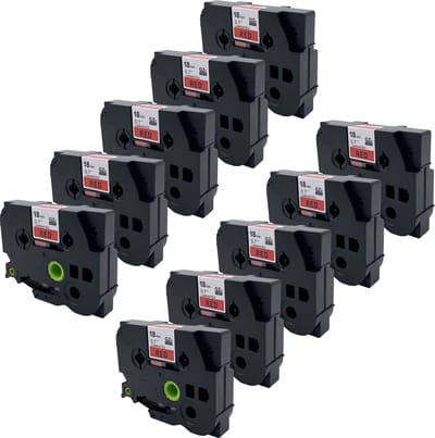 DULA Brother Compatible label tape- Tze-441 - 10 cassettes - Brother P-Touch - Zwart op rood - 18mm x 8m