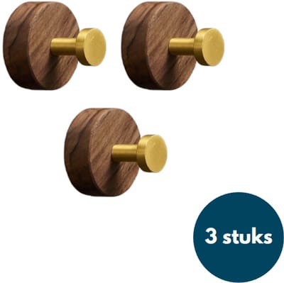 Kapstok haken hout - Walnoot met goud - Wandhaken - Wandkapstok - Zelfklevende haakjes - Plakhaakjes - Rond - Goud - 3 stuks