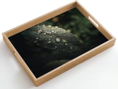 Dienblad hout 50x35 cm - Schootdienblad - Blad - Groen - Nerven - Regendruppels - Borrelplank rechthoek - Plateau dienbladen