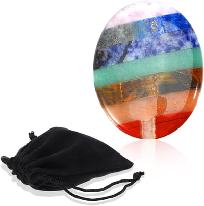 7 Chakra Duim Zorgsteen voor Angst met Fluwelen Tas - Handgesneden Ovaal Meditatie Kristallen Set voor Reiki, Ontspanning en Spirituele Groei