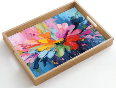 Dienblad hout 50x35 cm - Schootdienblad - Kleuruitbarsting - Expressieve sfeer - Bloem - Borrelplank rechthoek - Plateau dienbladen