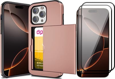 Hoesje met Pasjeshouder geschikt voor iPhone 16 Pro - 2x Screen Protector FullGuard - Back Cover SlideCase Roségoud & Screenprotector