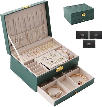 Sieradendoos - Sieradendoos voor dames - Sieradendoos voor dames - 2 lagen - Goed voor op reis, meisjes, gemaakt van PU-leer - Grote sieradendoos voor ringen, oorbellen, met slot en sleutel - Groen