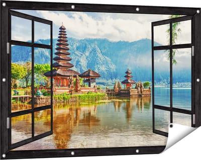 Gards Tuinposter Doorkijk Pura Tempel in Bali op het meer Beratan - 120x80 cm - Tuindoek - Tuindecoratie - Wanddecoratie buiten - Tuinschilderij